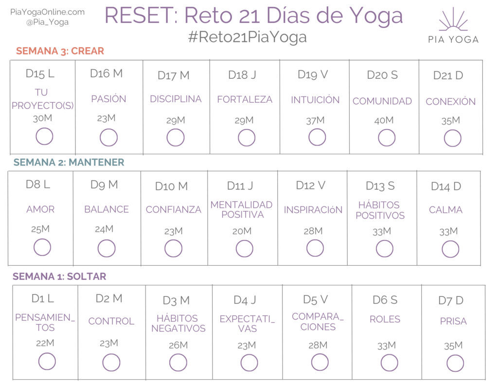 Reto de yoga 21 dias RESET Calendario completo